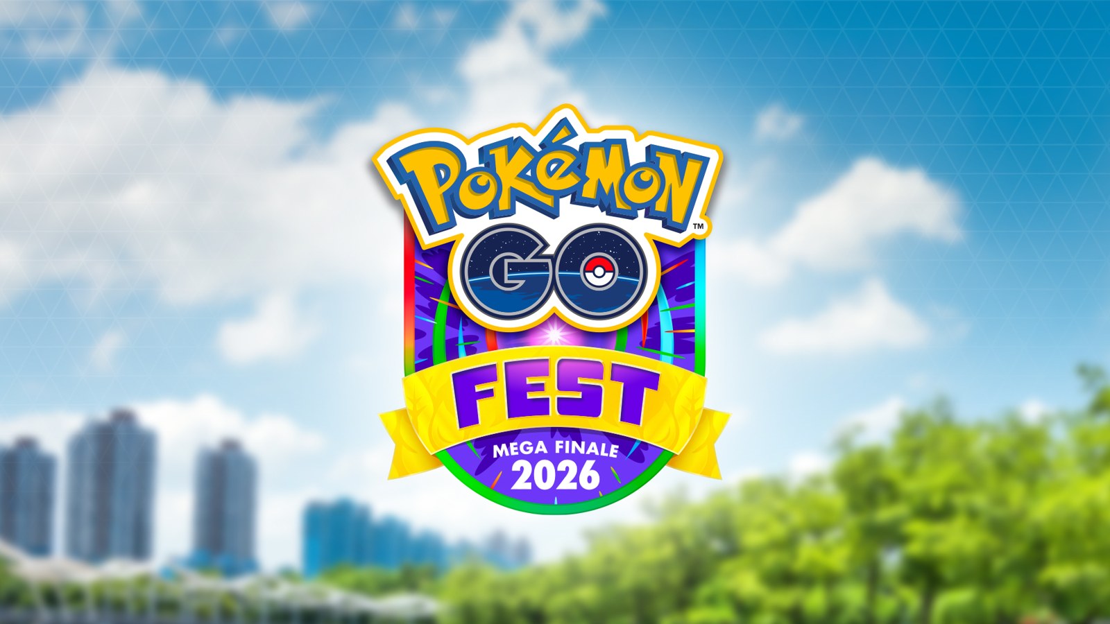 Pokémon GO Fest 2026 Mega Finale 官方活动标志，背景为蓝天与公园