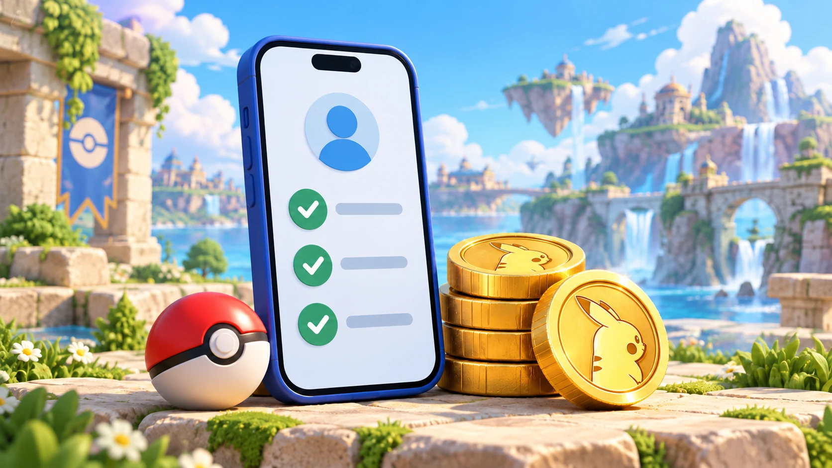 Pokémon GO 寶可幣封面插畫，展示皮卡丘浮雕金幣與帳號核對清單