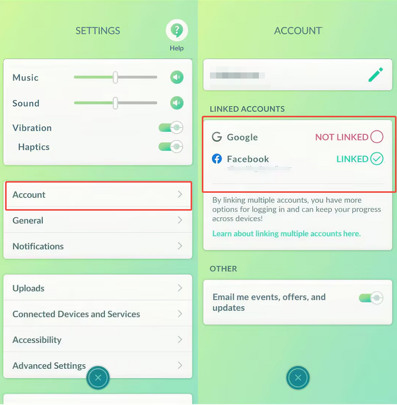 Open Account in Settings to check your linked sign-in methods