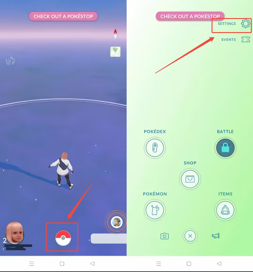 Tap the Poké Ball at the bottom of the map, then Settings in the top-right corner